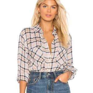 Sanctuary Steady Boyfriend Plaid Long Sleeve Button Up Shirt Cream Blue M